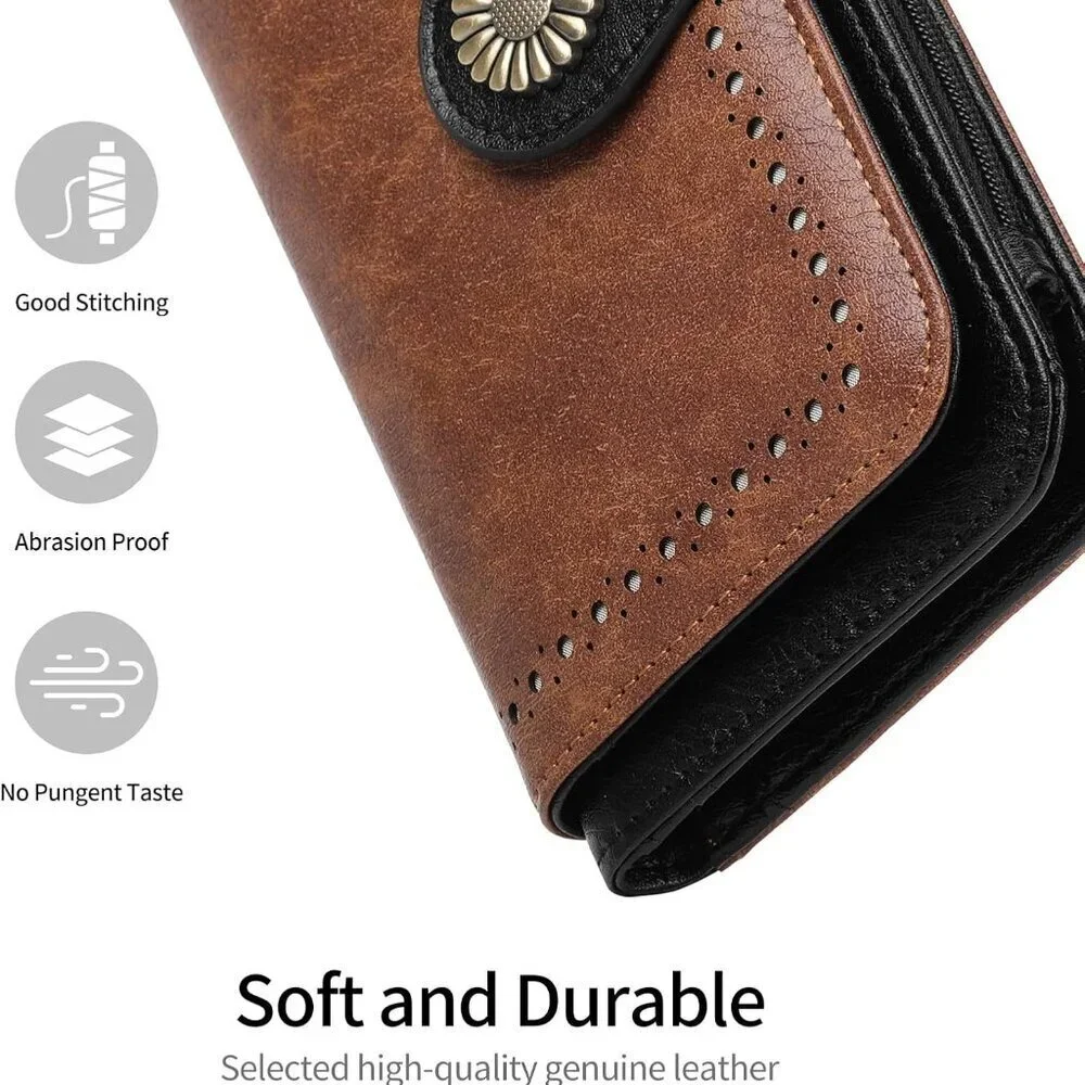 Women's Leather Wallet Trifold RFID Blocking Large Capacity Purse with Coin Pock